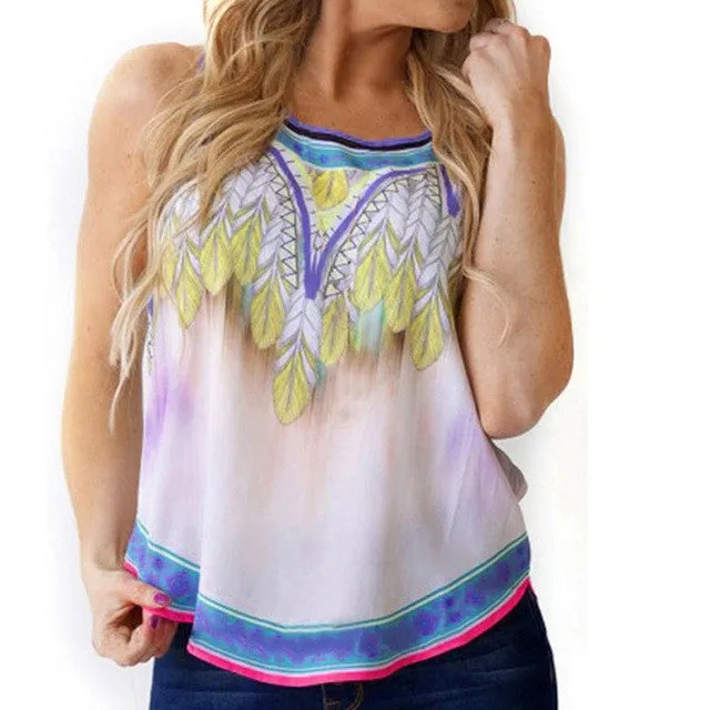 2017 Summer Crop Tops Sexy Women Sleeveless Printed BLUE Vintage Tribal T-shirt Women Tank Tops Femme