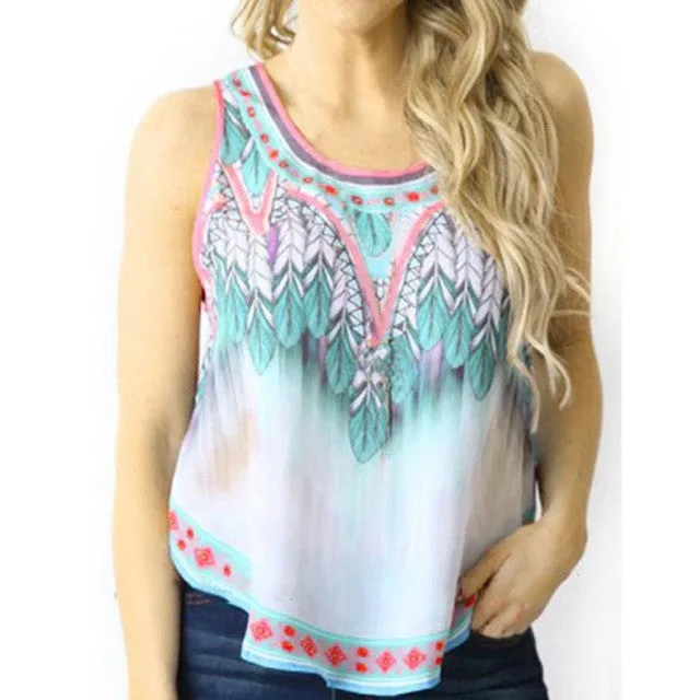 2017 Summer Crop Tops Sexy Women Sleeveless Printed BLUE Vintage Tribal T-shirt Women Tank Tops Femme
