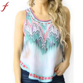 2017 Summer Crop Tops Sexy Women Sleeveless Printed BLUE Vintage Tribal T-shirt Women Tank Tops Femme