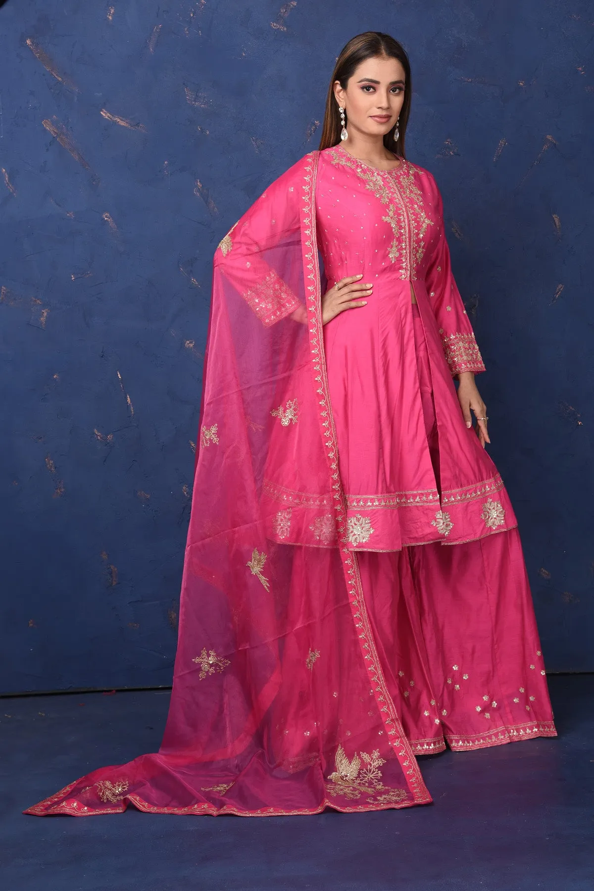 502781 Bright Pink Embroidered Sharara Suit with Dupatta