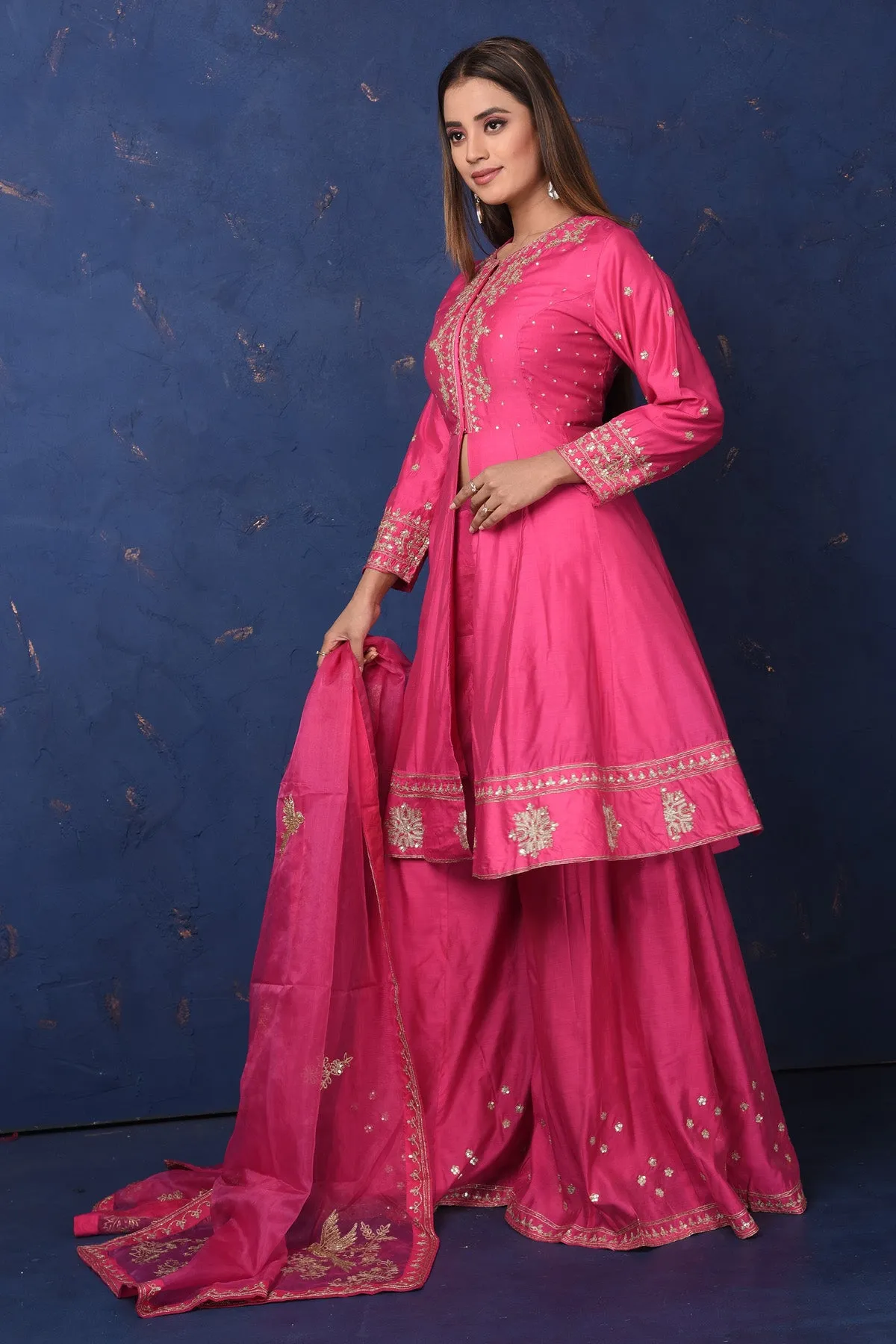 502781 Bright Pink Embroidered Sharara Suit with Dupatta