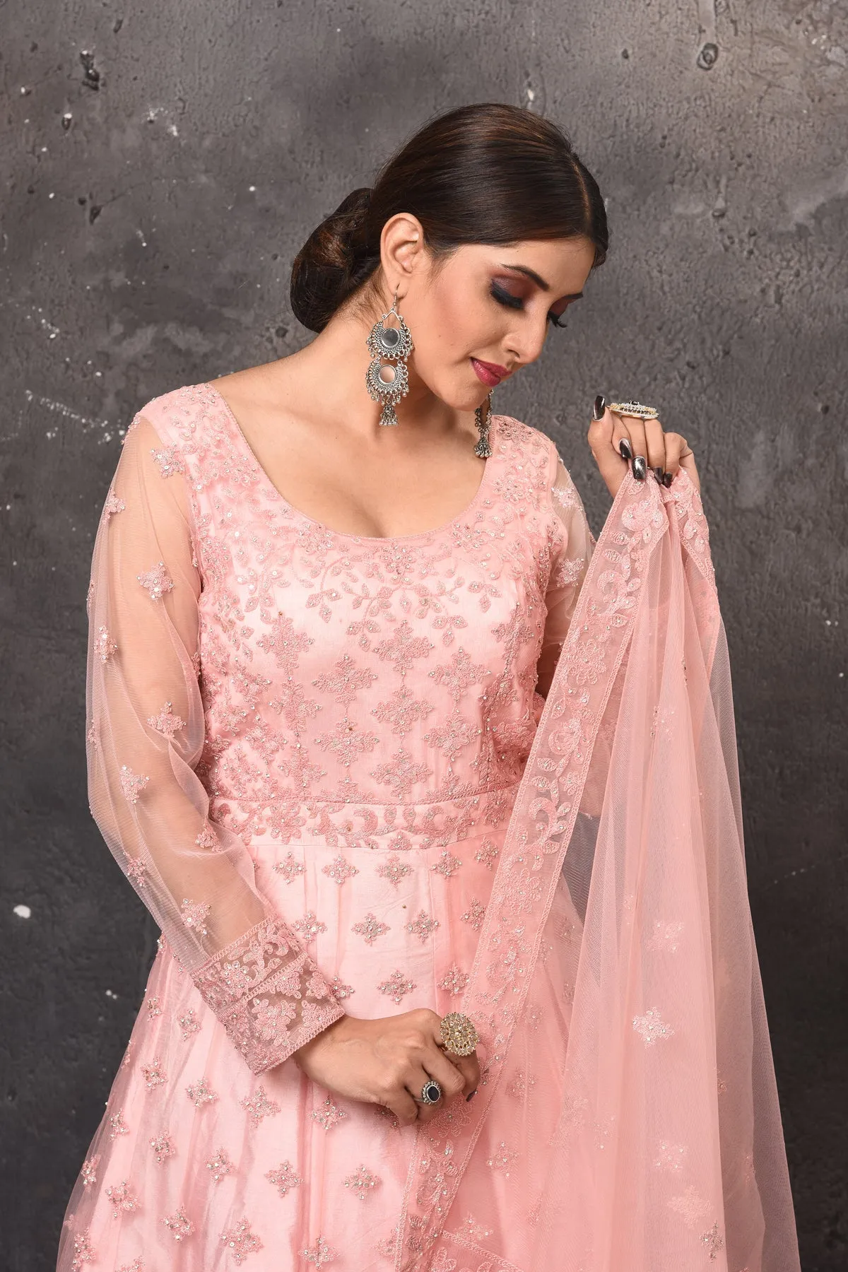 503096 Light Pink Embroidered Net Anarkali with Dupatta