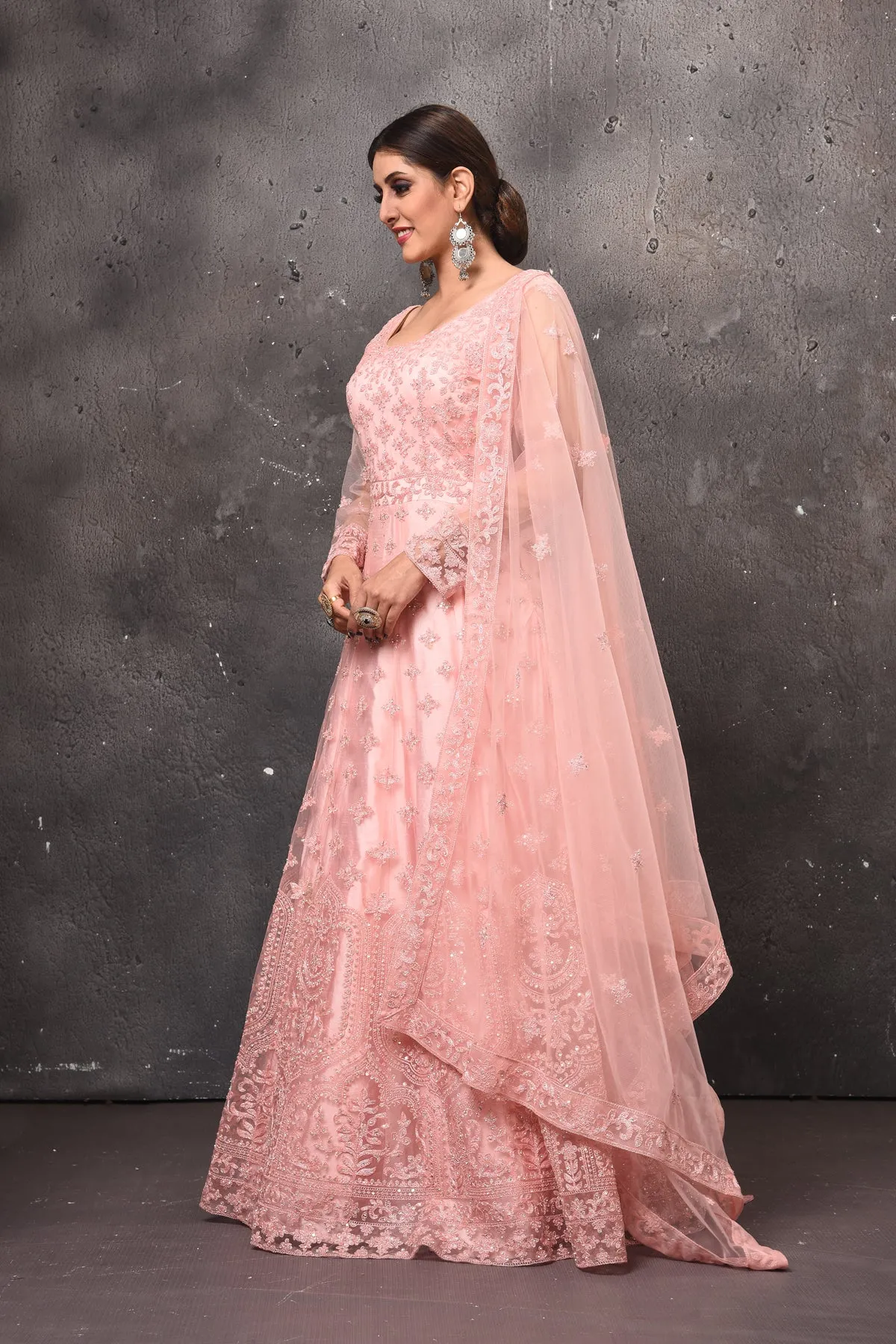 503096 Light Pink Embroidered Net Anarkali with Dupatta