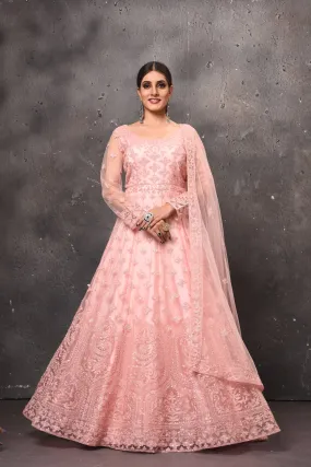 503096 Light Pink Embroidered Net Anarkali with Dupatta