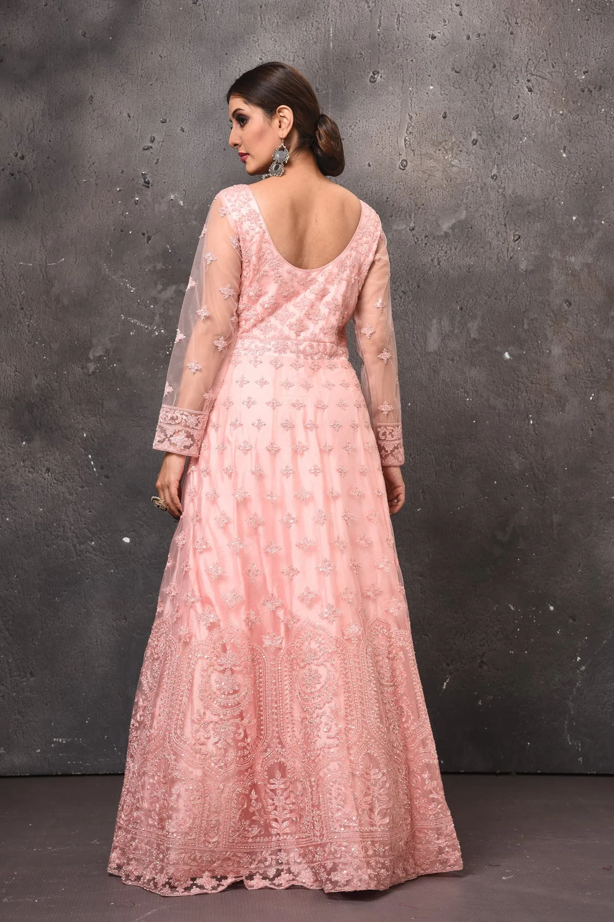 503096 Light Pink Embroidered Net Anarkali with Dupatta