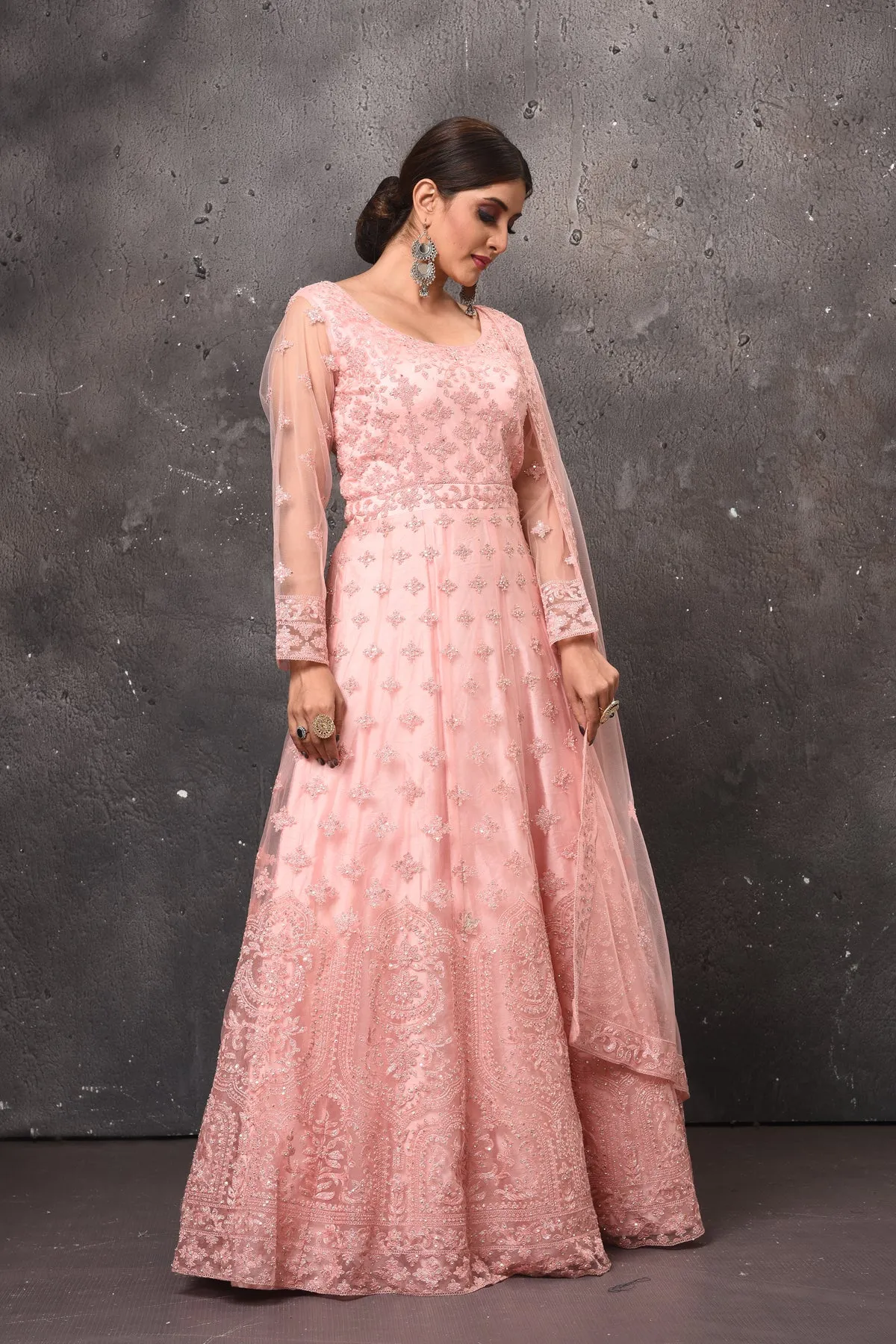 503096 Light Pink Embroidered Net Anarkali with Dupatta