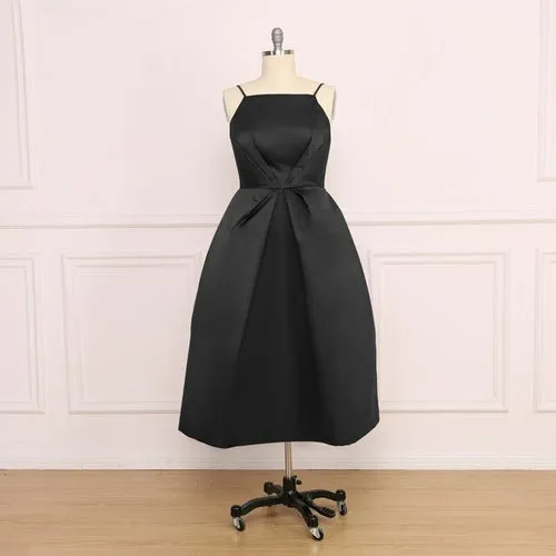 A Line Satin Prom Dresses Sexy Spaghetti Strap Backless Evening Gown
