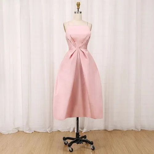 A Line Satin Prom Dresses Sexy Spaghetti Strap Backless Evening Gown