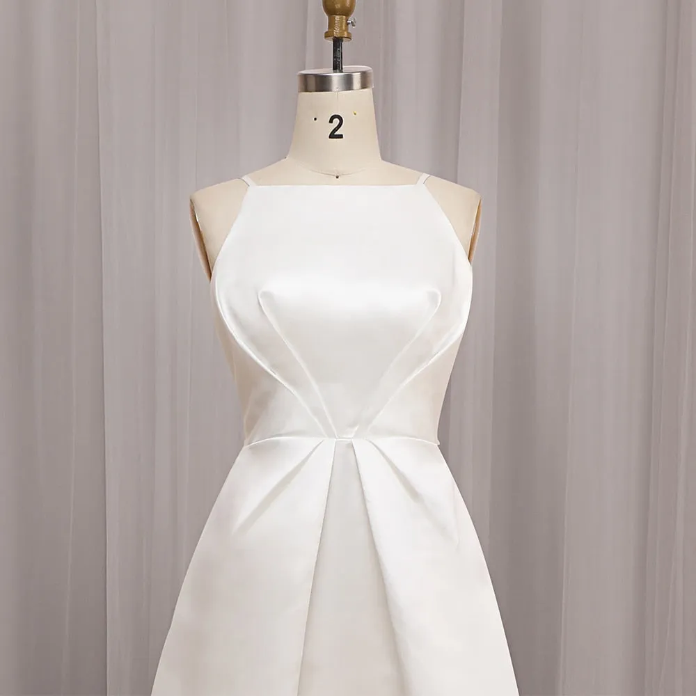 A Line Satin Prom Dresses Sexy Spaghetti Strap Backless Evening Gown