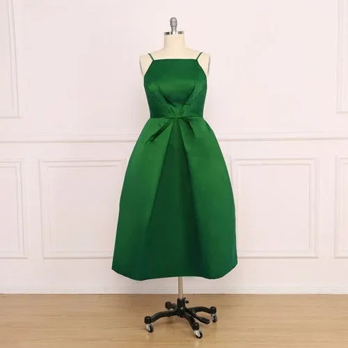 A Line Satin Prom Dresses Sexy Spaghetti Strap Backless Evening Gown