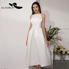 A Line Satin Prom Dresses Sexy Spaghetti Strap Backless Evening Gown