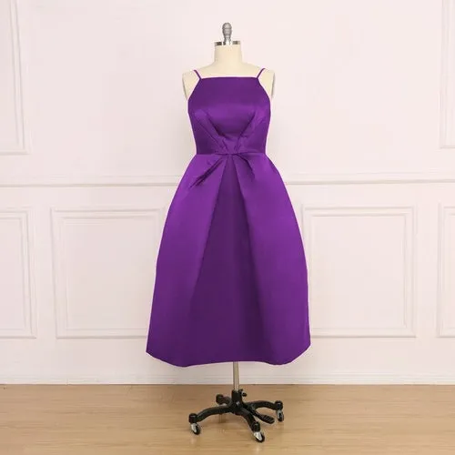 A Line Satin Prom Dresses Sexy Spaghetti Strap Backless Evening Gown