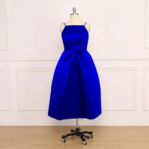 A Line Satin Prom Dresses Sexy Spaghetti Strap Backless Evening Gown