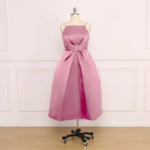 A Line Satin Prom Dresses Sexy Spaghetti Strap Backless Evening Gown