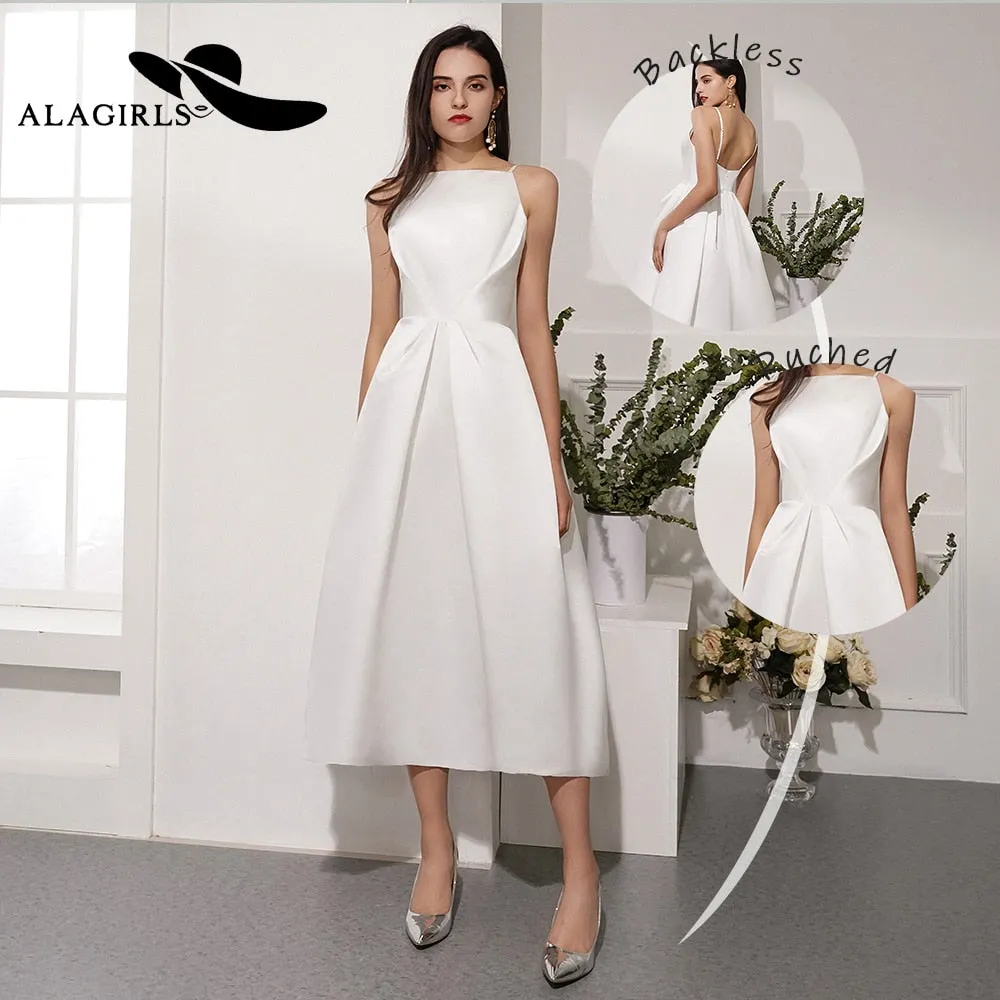 A Line Satin Prom Dresses Sexy Spaghetti Strap Backless Evening Gown