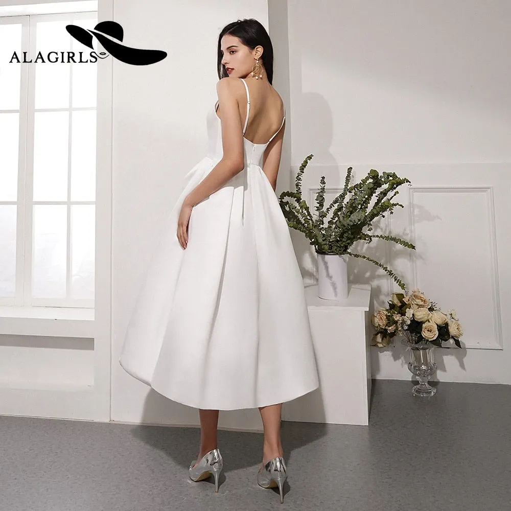 A Line Satin Prom Dresses Sexy Spaghetti Strap Backless Evening Gown