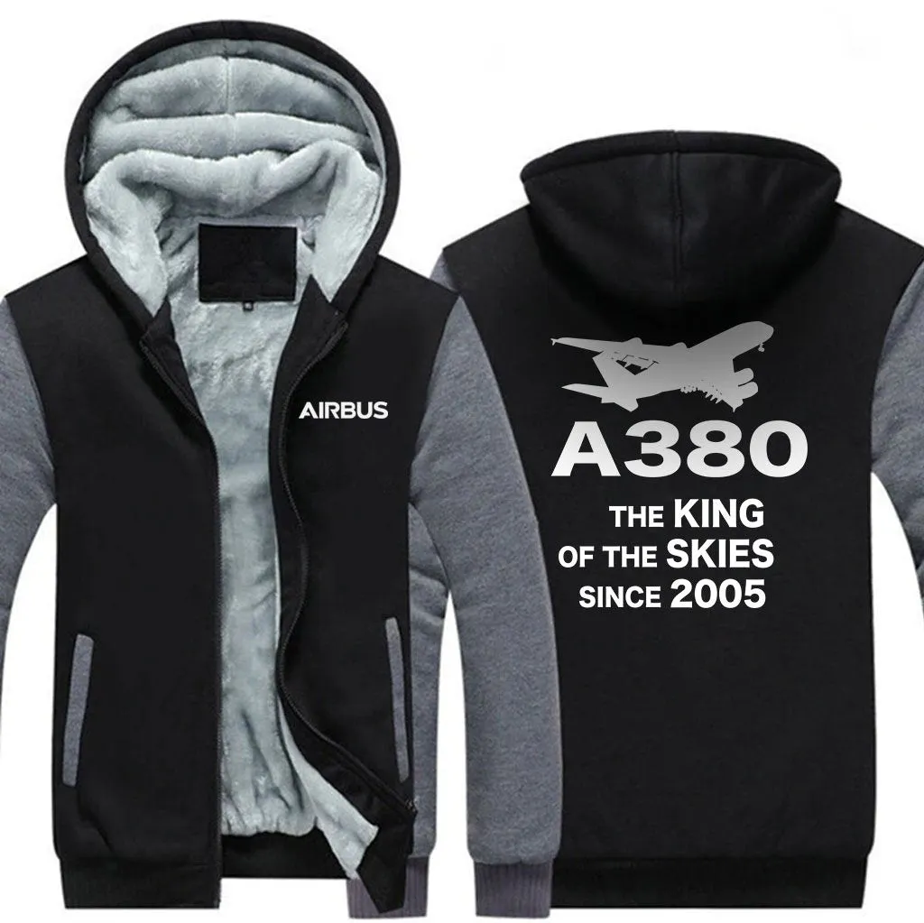 AIRBUS A380 THE KING OF THE SKIES SINCE 2005 WINTER THICK ZIP SWEATSHIRTS