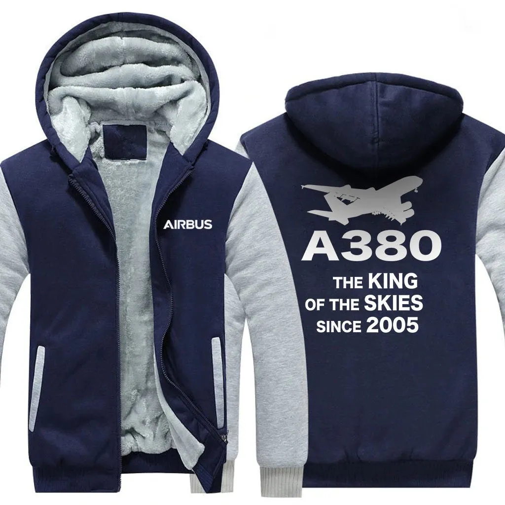 AIRBUS A380 THE KING OF THE SKIES SINCE 2005 WINTER THICK ZIP SWEATSHIRTS