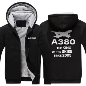 AIRBUS A380 THE KING OF THE SKIES SINCE 2005 WINTER THICK ZIP SWEATSHIRTS