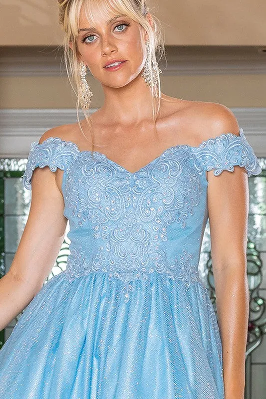 Bahama Blue Off Shoulder Lace Top Glitter Cocktail Dress