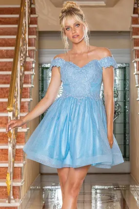Bahama Blue Off Shoulder Lace Top Glitter Cocktail Dress