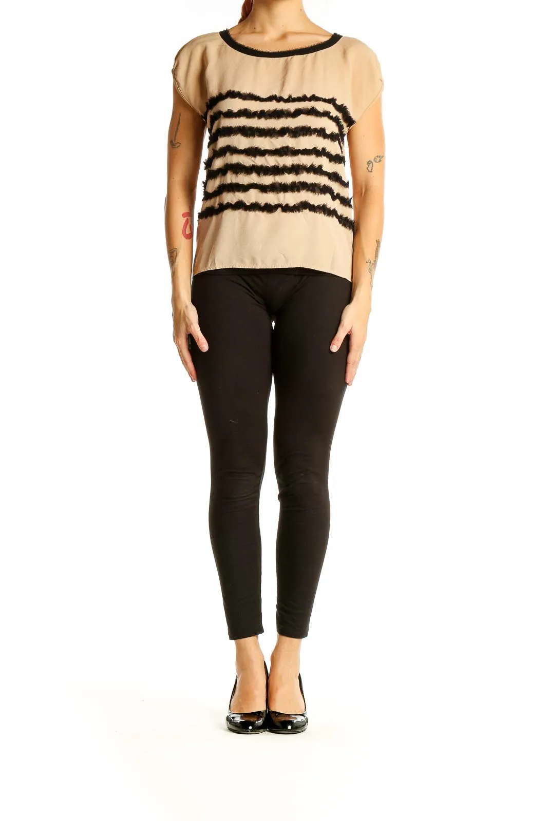 Beige Striped Cap Sleeve Blouse