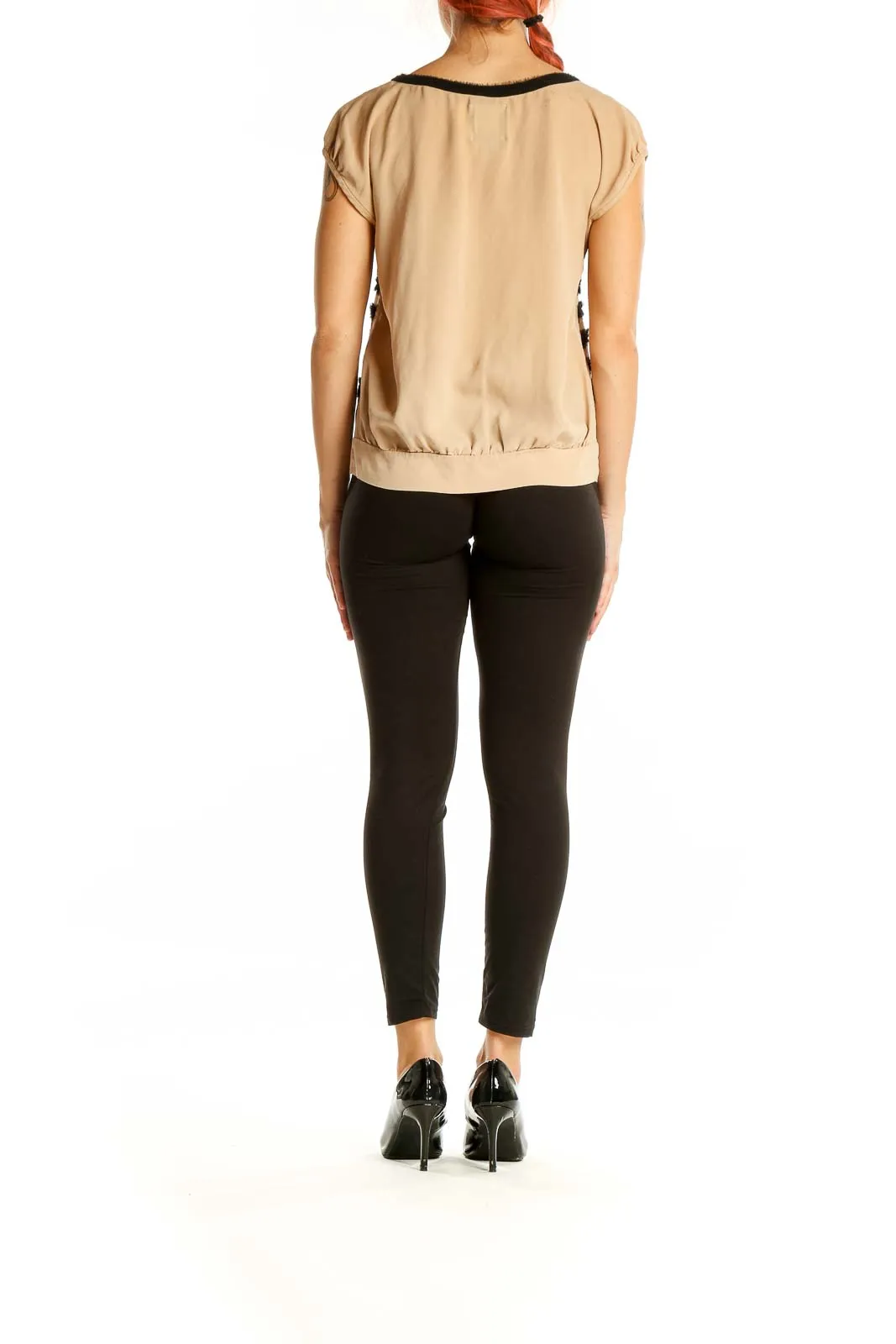 Beige Striped Cap Sleeve Blouse