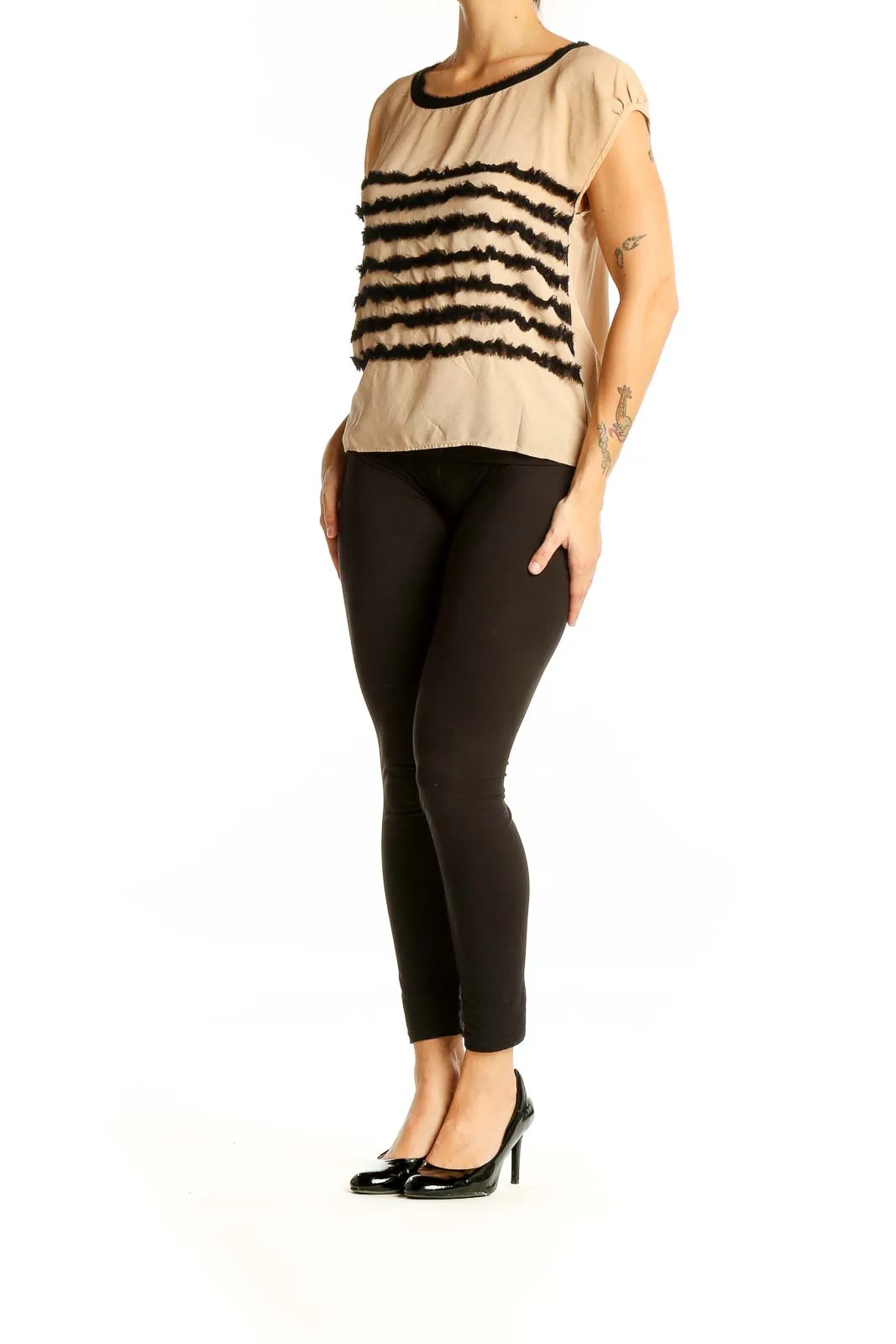 Beige Striped Cap Sleeve Blouse