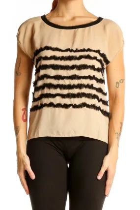 Beige Striped Cap Sleeve Blouse