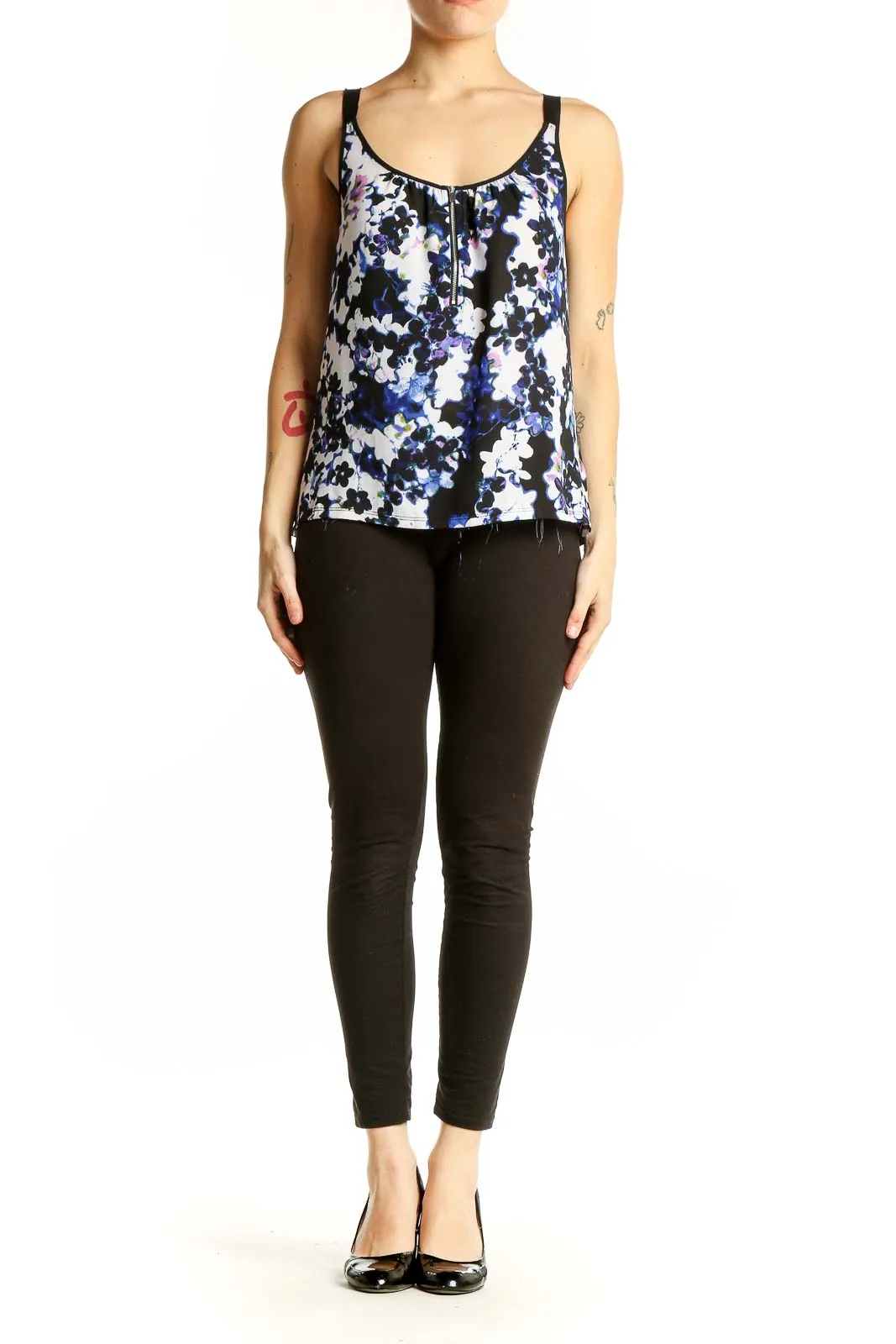 Blue Floral Print Sleeveless Tank Top