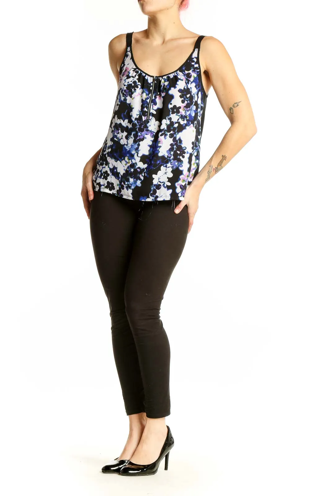 Blue Floral Print Sleeveless Tank Top