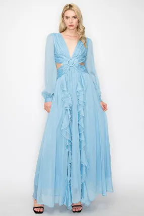 Blue Long Puff Sleeves Shimmer Fabric Side Cut-Out Maxi