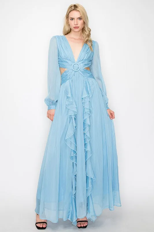 Blue Long Puff Sleeves Shimmer Fabric Side Cut-Out Maxi