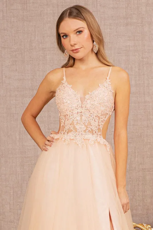 Blush Floral Applique Sheer Front Cut-out Side Dress