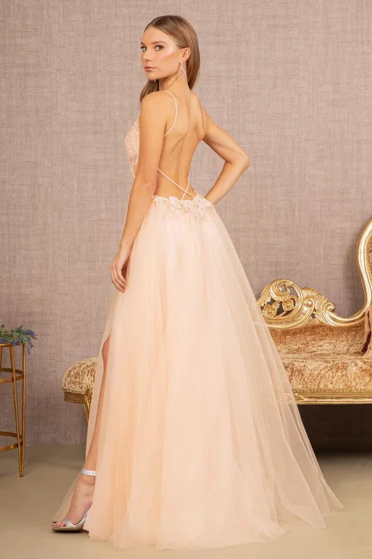 Blush Floral Applique Sheer Front Cut-out Side Dress