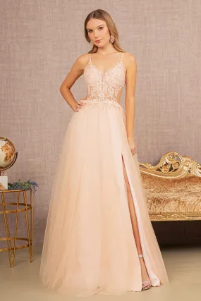 Blush Floral Applique Sheer Front Cut-out Side Dress
