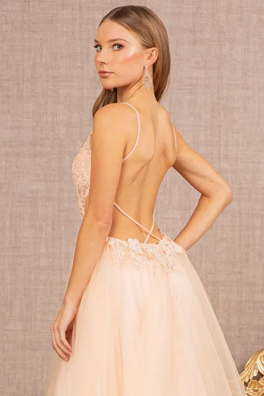 Blush Floral Applique Sheer Front Cut-out Side Dress
