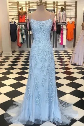 Chic Trumpet Spaghetti Straps With Lace Appliques Light Blue Prom Dresses