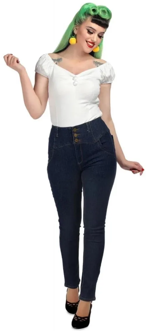 Collectif Rebel Kate Skinny 50s High Waisted Navy Blue Denim Jeans
