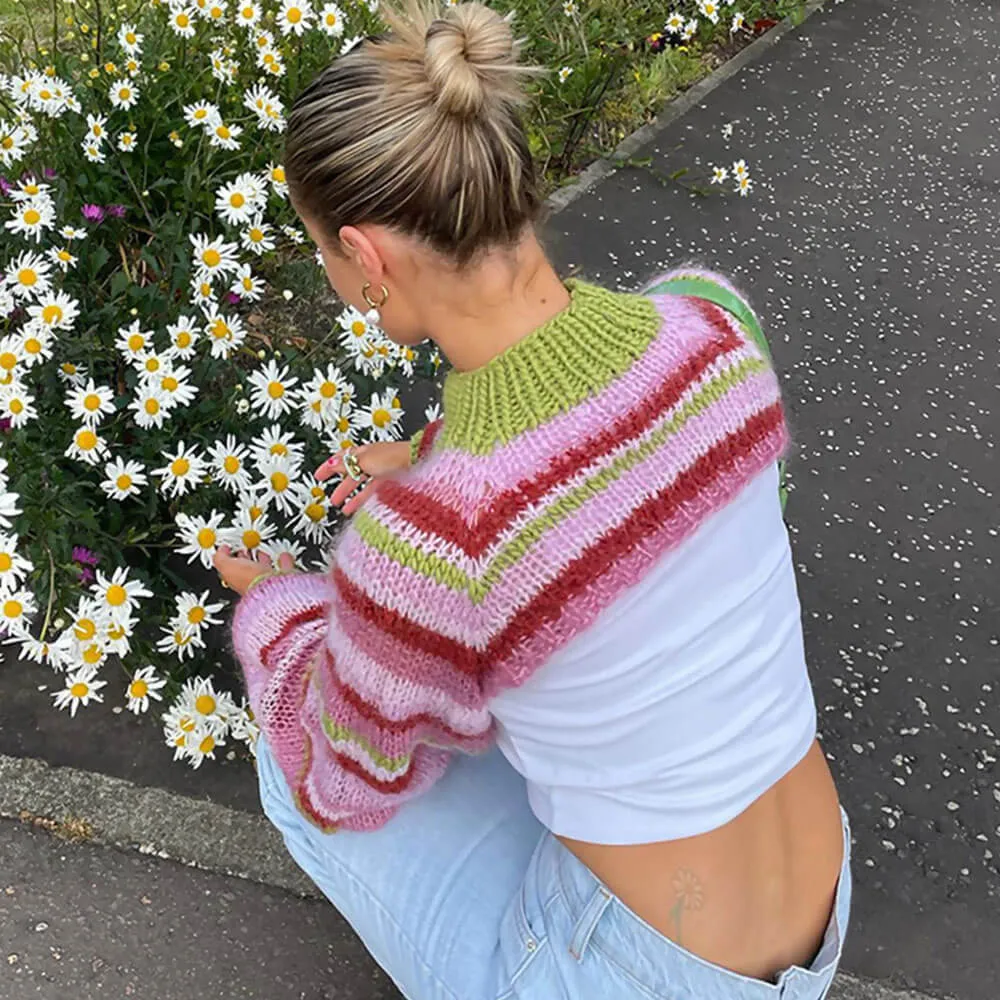 Contrast Pink Mock Neck Balloon Sleeve Striped Open Knit Sweater Shrug