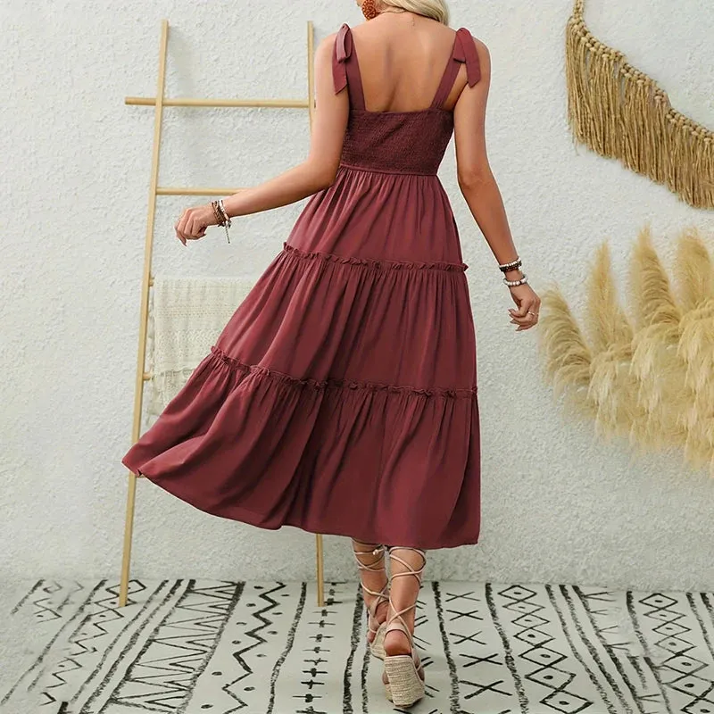 Elegant Backless Pleated Ruffles Long Dress for Women