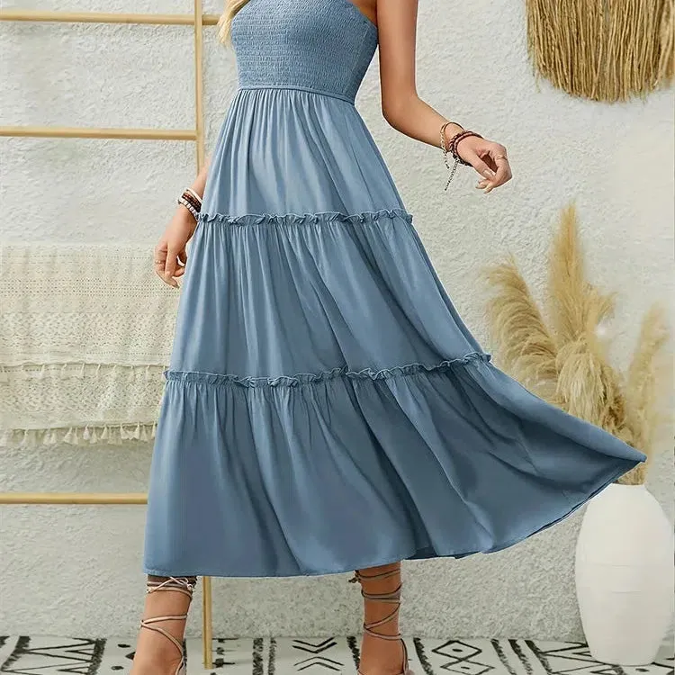 Elegant Backless Pleated Ruffles Long Dress for Women