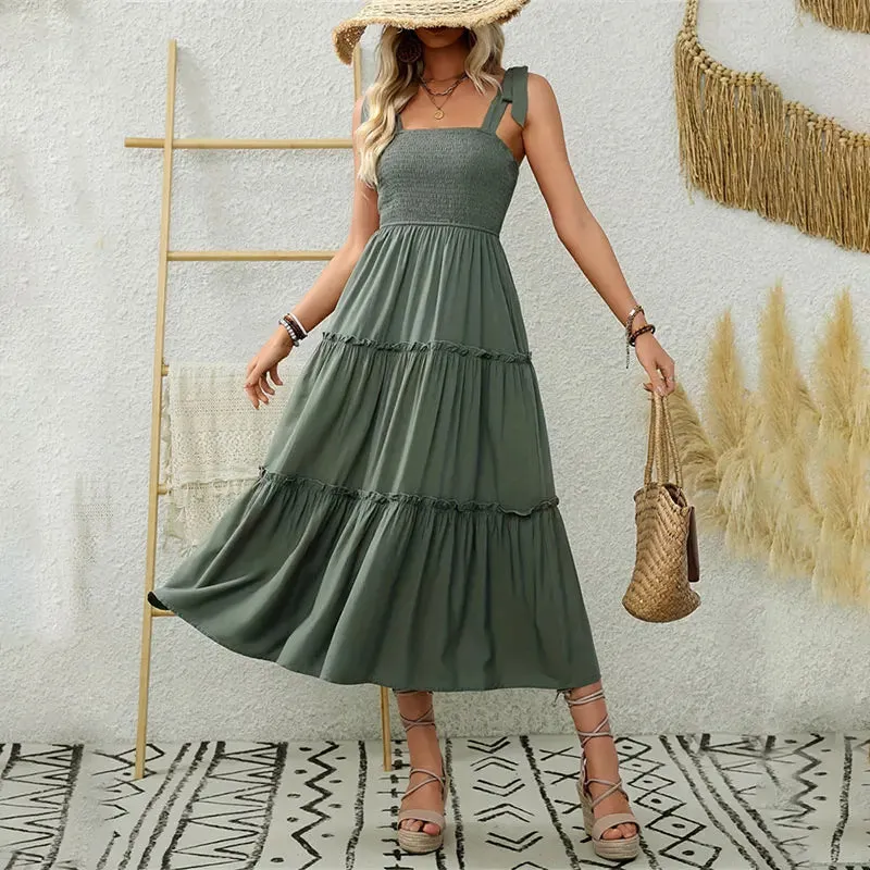 Elegant Backless Pleated Ruffles Long Dress for Women