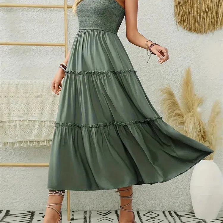 Elegant Backless Pleated Ruffles Long Dress for Women