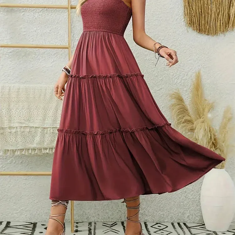 Elegant Backless Pleated Ruffles Long Dress for Women
