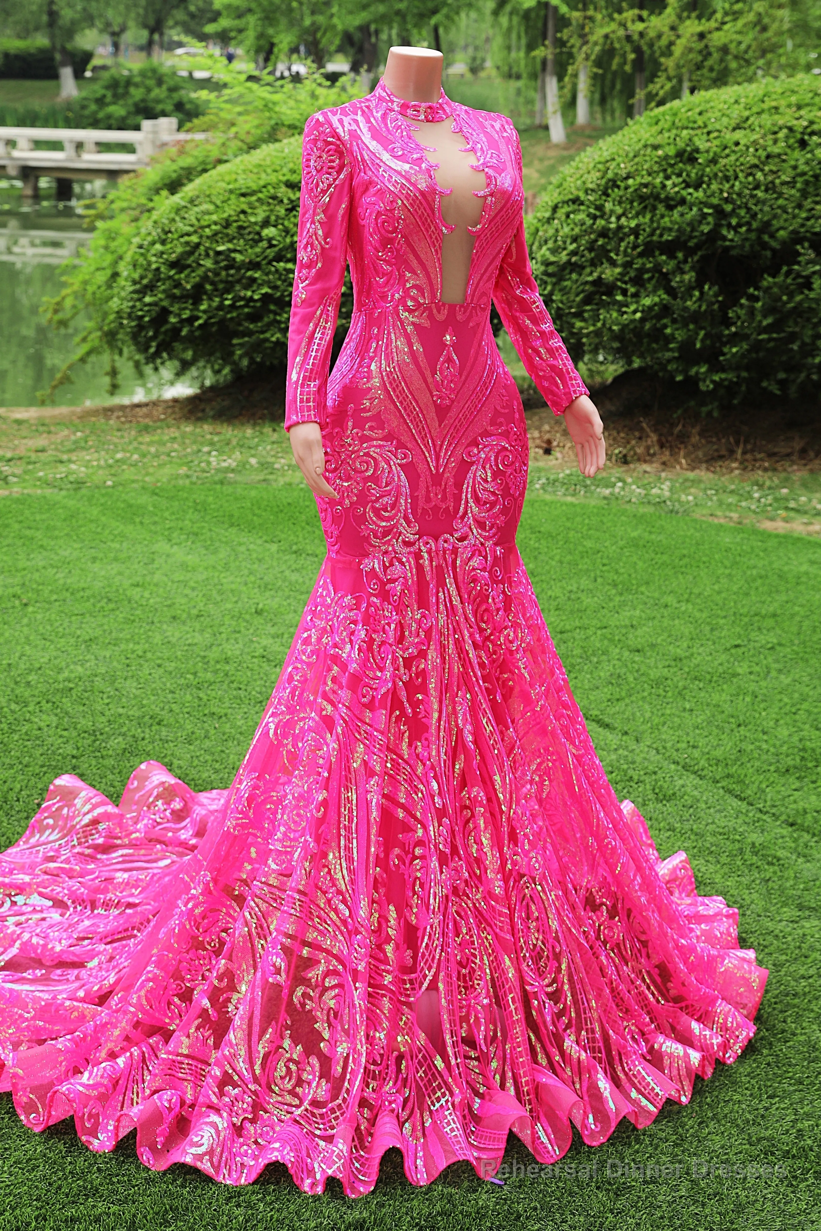Elegant Hot Pink Mermaid Prom Dresses Sequin Evening Party Dress Pageant Dresses for Women