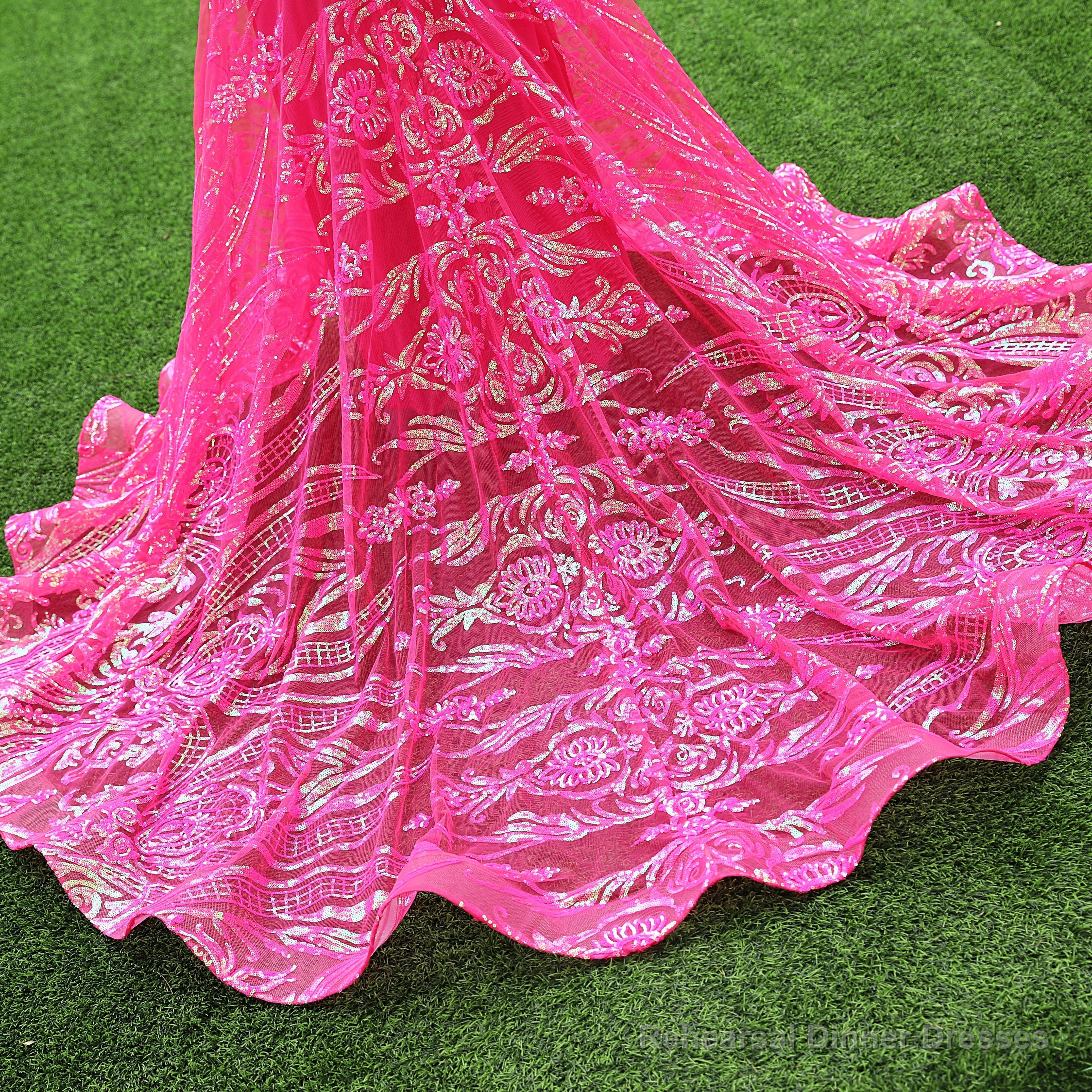 Elegant Hot Pink Mermaid Prom Dresses Sequin Evening Party Dress Pageant Dresses for Women