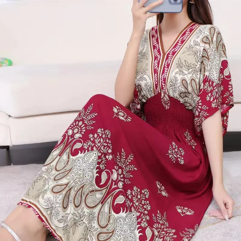 Elegant Retro Style V-neck Tunic Large Swing Printed Dress Long Skirt