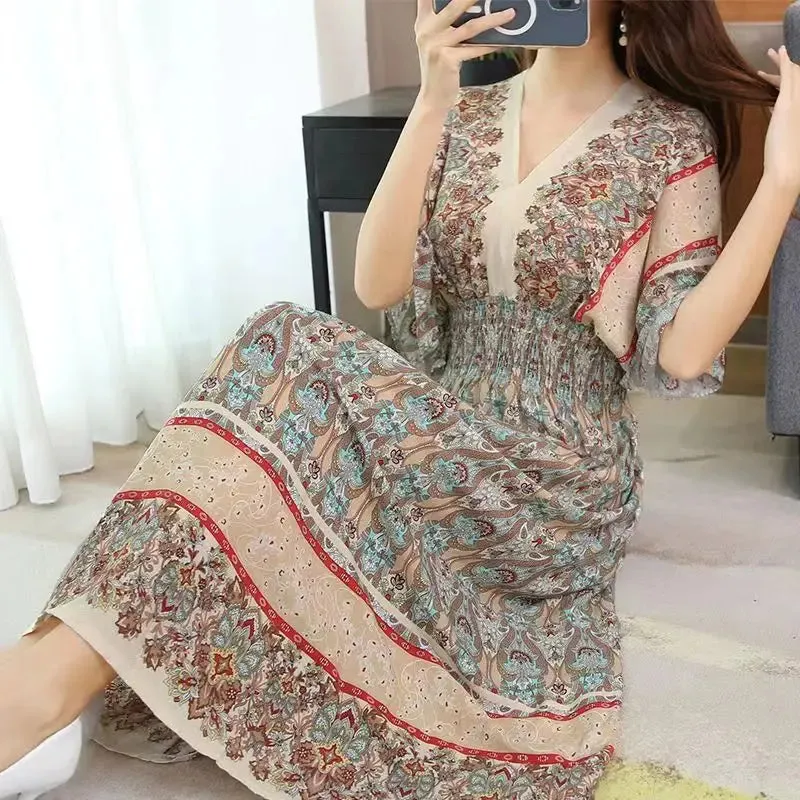 Elegant Retro Style V-neck Tunic Large Swing Printed Dress Long Skirt