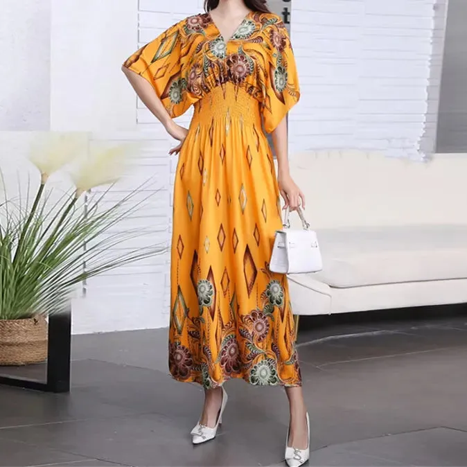 Elegant Retro Style V-neck Tunic Large Swing Printed Dress Long Skirt